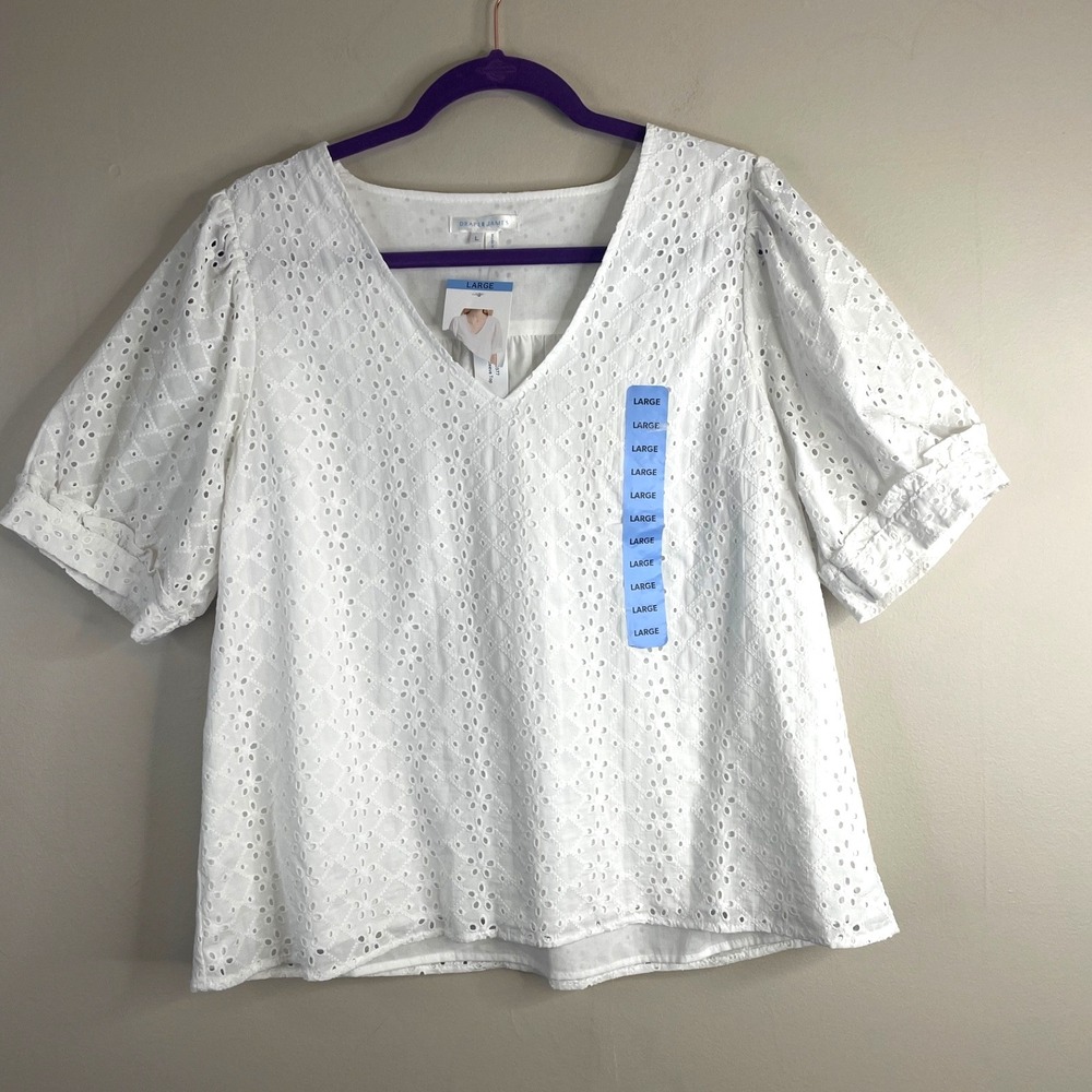 Draper James Eyelet Top NWT Womens Large Crisp Feminine Puff Sleeve Romantic